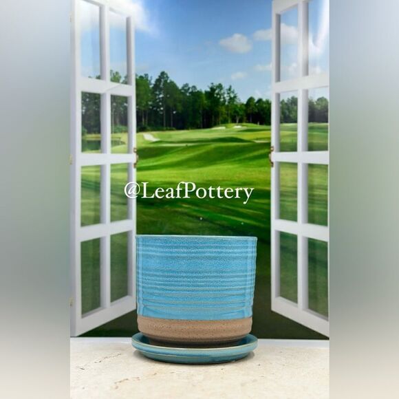 Bluish Blue/Beige Ceramic Planter Pot with Saucer Attached - Picture 3 of 11